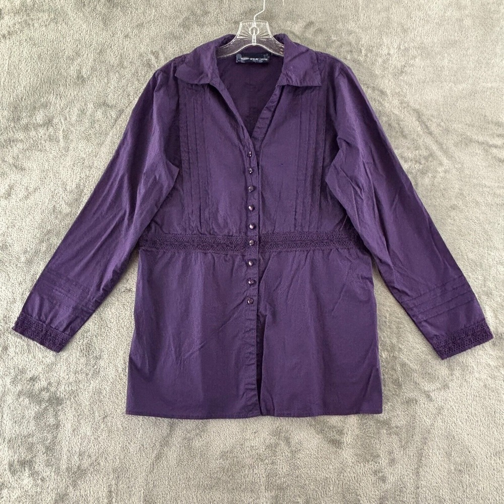 Susan Graver Button Tunic Shirt‎ Womens M Purple Long Sleeve Split Hem Stretch